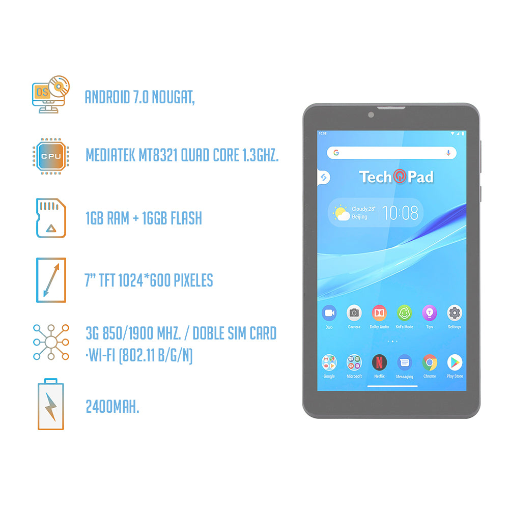Tablet Tech Pad 3g-r 7  1gb Ram 16gb Doble Sim Card Wi-fi+3g