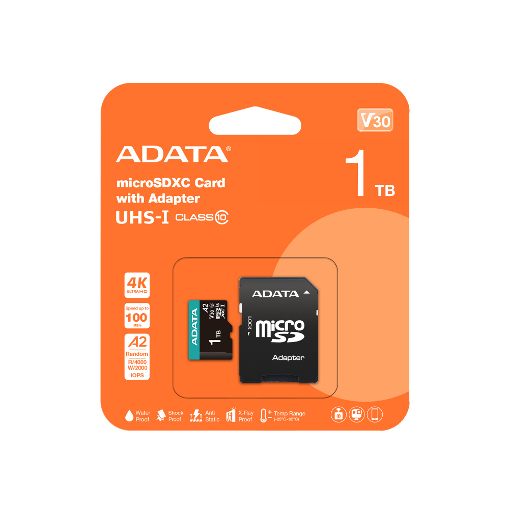 Memorias Flash | ADATA AUSDX1TUI3V30SA2-RA1 — Memoria Flash V30, 1TB MicroSDXC UHS-I Clase 10, con Adaptador