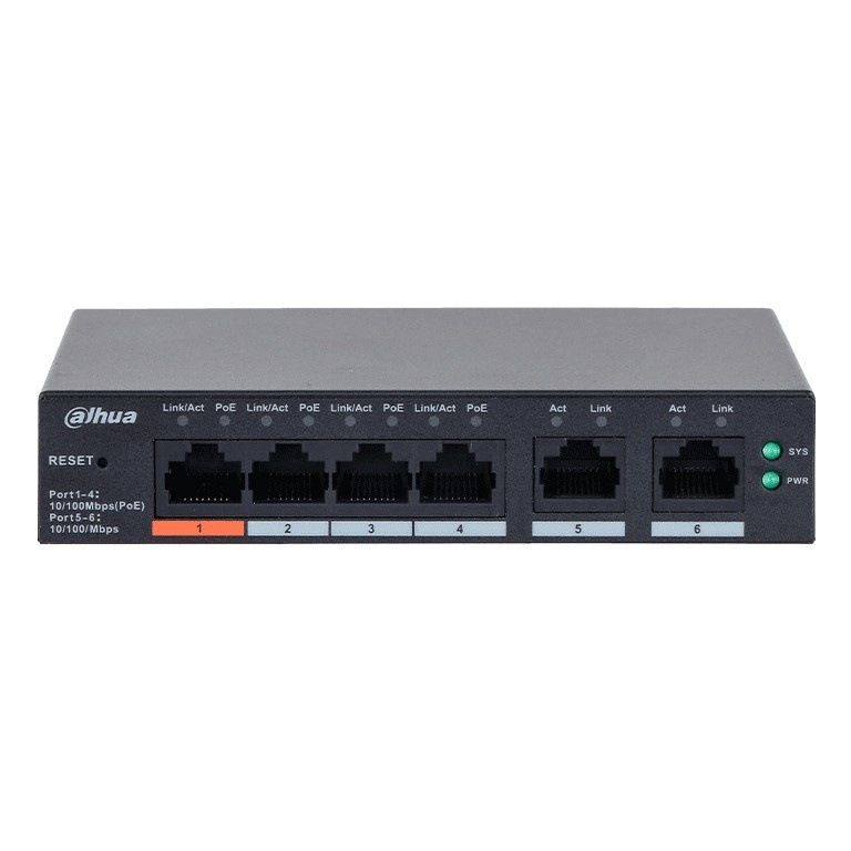 Switches | DAHUA DH-CS4006-4ET2ET-60 — Switch CS4006-4ET2ET-60, 6 Puertos Fast Ethernet 10/100 4 x PoE 65W, 0.89 Gbit/s, 8000 Entradas, Administrado