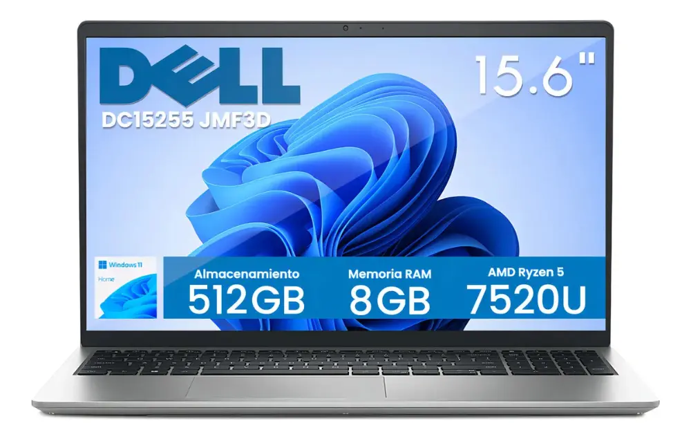 Laptops | DELL JMF3D-ROW — Laptop 15 DC15255, 15.6" 1920x1080 Full HD, AMD Ryzen 5 7520U, 8GB, 512GB SSD, Windows 11 Home, Español