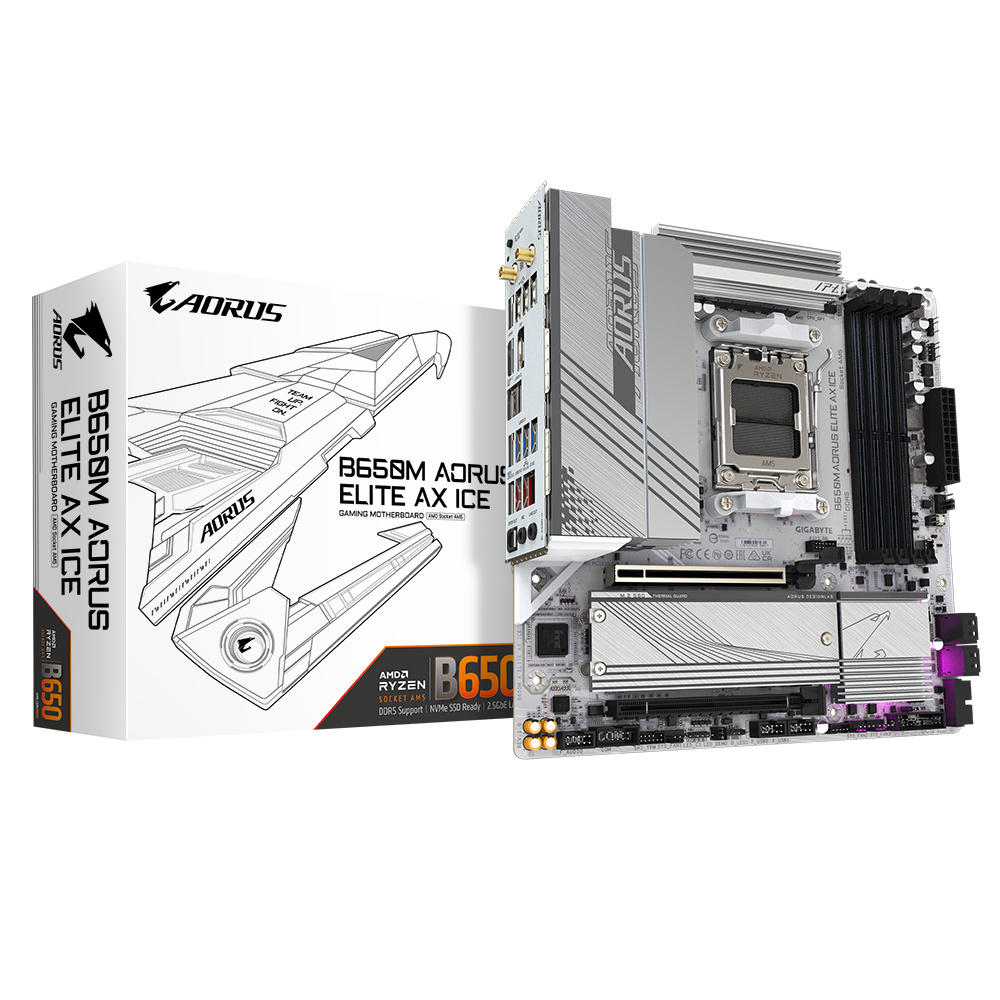 Tarjetas Madre | AORUS B650M A ELITE AX ICE — Tarjeta Madre B650M ELITE AX ICE, Micro-ATX, Socket AM5, AMD B650, 256GB DDR5, HDMI/DP para AMD