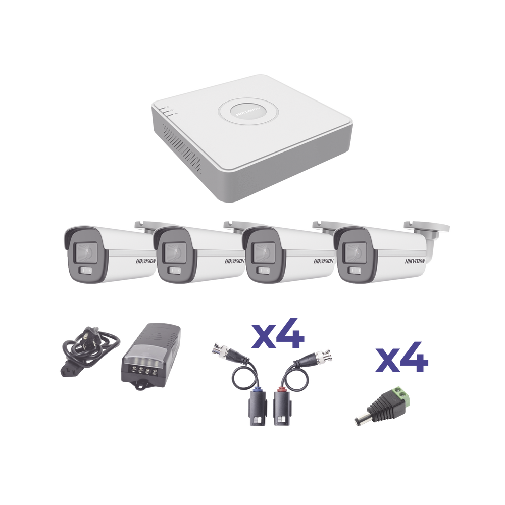 Kits de Vigilancia | HIKVISION KH1080PL4BC — Kit de Vigilancia ColorVu de 4 Cámaras Bullet y 4 Canales, con Transceptores, Conectores y Fuente de Poder Profesional