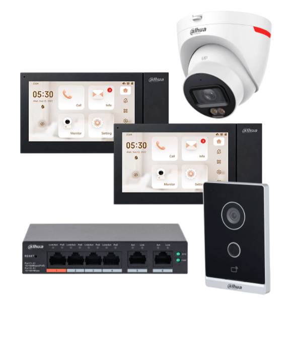 Videoporteros | DAHUA KITVPIP2MONCAMDH — Videoportero/Interfon , 7", Altavoz, Alámbrico, Negro, Incluye 2 Monitores, Cámara IP y Switch PoE