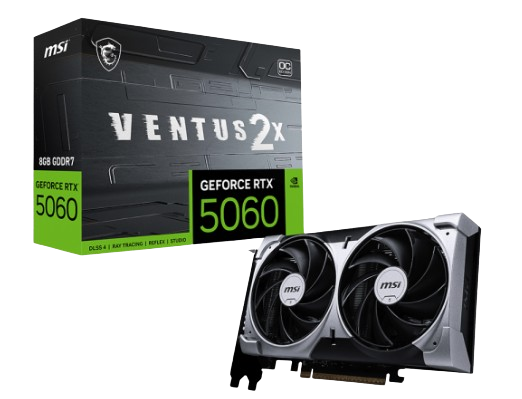Tarjetas de Video | MSI RTX 5060 8G VENTUS 2X OC — Tarjeta de Video NVIDIA GeForce RTX 5060 VENTUS 2X OC, 8GB 128-bit GDDR7, PCI Express 5.0, Mín. 550W