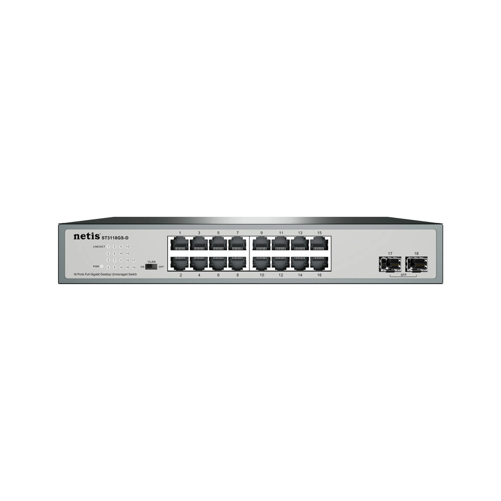 Switches | NETIS ST3118GS-D — Switch , 16 Puertos Gigabit Ethernet 10/100/1000, 2 Puertos SFP, 36 Gbit/s, 8192 Entradas, Administrado