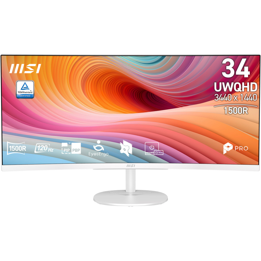 Monitores | MSI PRO MP341CQW E12 — Monitor Curvo LED VA 34", 3440x1440 Ultra Wide Quad HD, FreeSync, 120Hz, HDMI/DisplayPort, Bocinas Integradas, Blanco