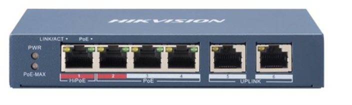 Switches | HIKVISION DS-3E0106HP-E — Switch Fast Ethernet , 6 Puertos 10/100 (4x PoE), 1.2 Gbit/s, 2000 Entradas