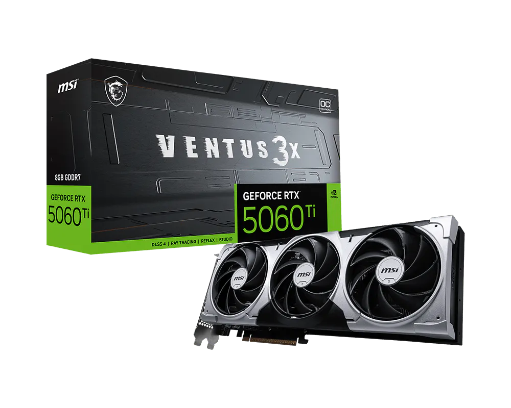 Tarjetas de Video | MSI GEFORCE RTX 5060 TI 8G VENTUS 3X OC — Tarjeta de Video NVIDIA , 8GB 128-bit GDDR7, PCI Express 5.0, Mín. 600W