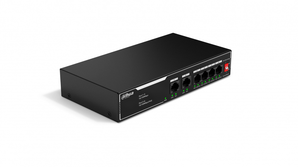 Switches | DAHUA DH-SF1006LP — Switch Fast Ethernet SF1006LP, 6 Puertos PoE 10/100Mbps + 2 Puertos Uplink, 1.2 Gbit/s, 2.048 Entradas