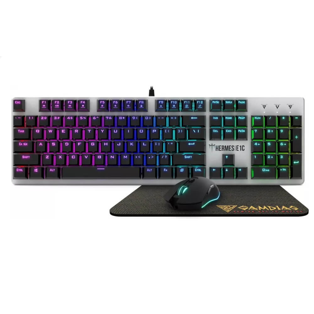 Kits de Teclado y Mouse | GAMDIAS HERMES E1C 3-IN-1-COMBO — Kit Gamer de Teclado y Mouse Hermes E1C, Alámbrico, USB, Plata, Inglés