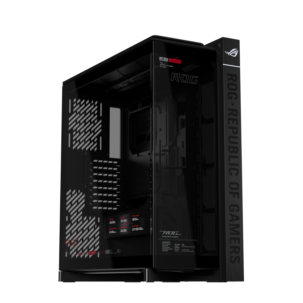 Gabinetes | ASUS ROG CRONOX GR801 CURVE TG SCREEN BLACK — Gabinete ROG CRONOX GR801 CURVE TG, Midi-Tower, ATX/EATX/Micro ATX/Mini-ITX/BTF, USB 3.0, sin Fuente, sin Ventiladores Instalados, Negro