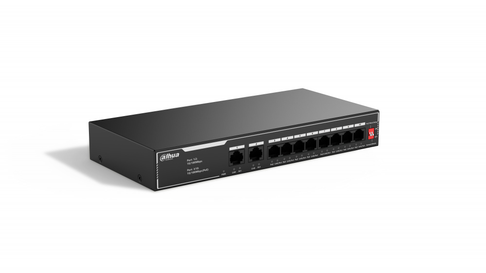 Switches | DAHUA DH-SF1010LP — Switch Fast Ethernet SF1010LP, 8 Puertos 10/100Mbps (8x PoE) + 2 Puerto UpLink, 2 Gbit/s, 2048 Entradas - No Administrable