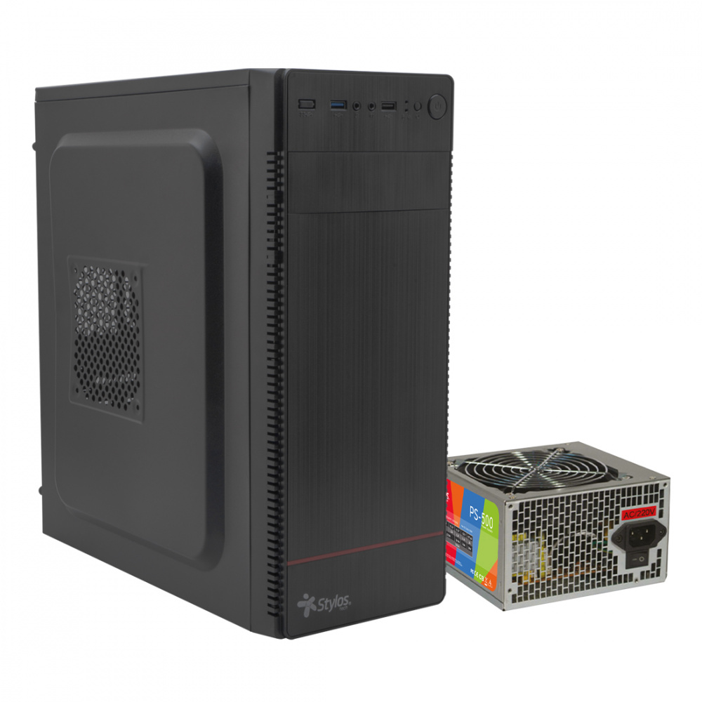 Gabinetes | STYLOS STPGAC4B — Gabinete Modelo 1, Midi-Tower, ATX/Micro-ATX/Mini-ITX, USB 3.0, con Fuente de 500W, sin Ventiladores Instalados, Negro
