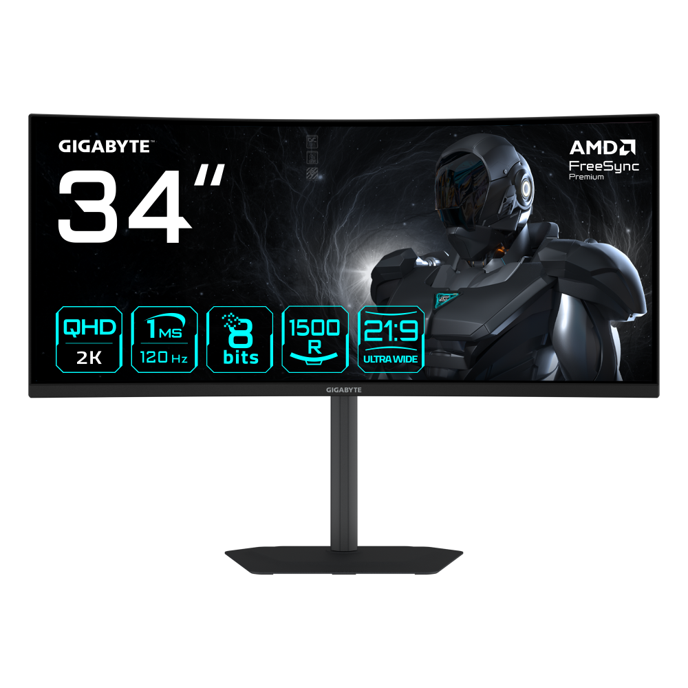 Monitores | GIGABYTE GS34WQCA — Monitor Gamer Curvo LCD VA 34", 3440x1440 Ultra Wide Quad HD, FreeSync, 120Hz, HDMI/DisplayPort, Negro