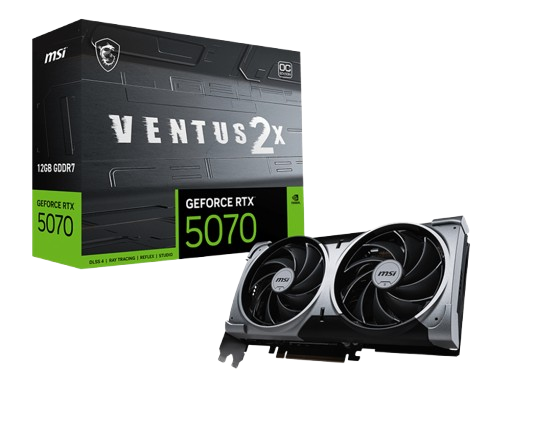 Tarjetas de Video | MSI RTX 5070 12G VENTUS 2X OC — Tarjeta de Video NVIDIA GeForce RTX 5070 VENTUS 2X OC, 12GB 192-bit GDDR7, PCI Express 5.0, Mín. 650W