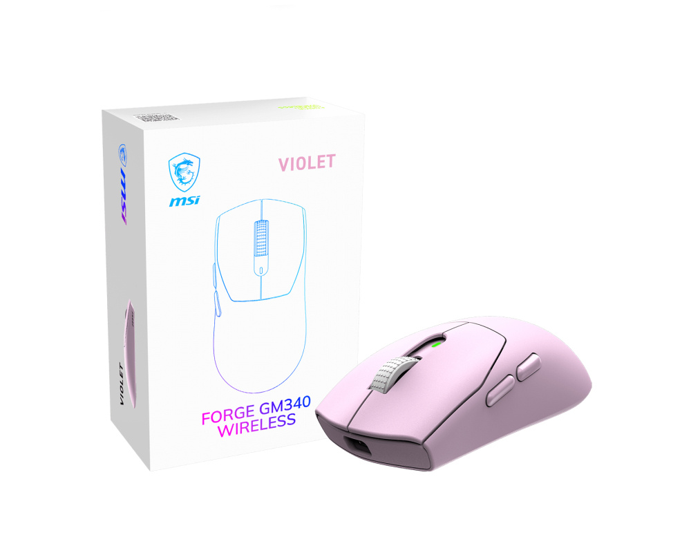 Mouse | MSI FORGE GM340 W VIOLET — Mouse Gamer FORGE GM340 WIRELESS, Inalámbrico, Óptico, 12.000DPI, RF Inalámbrico/Bluetooth, Morado