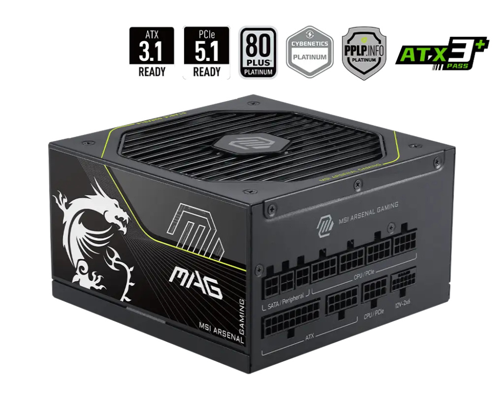 Fuentes de Poder para PC's | MSI MAG A1200PLS PCIE5 — Fuente de Poder 80 PLUS Platinum ATX, Modular, 24-pin ATX, 12VHPWR, 135mm, 1200W