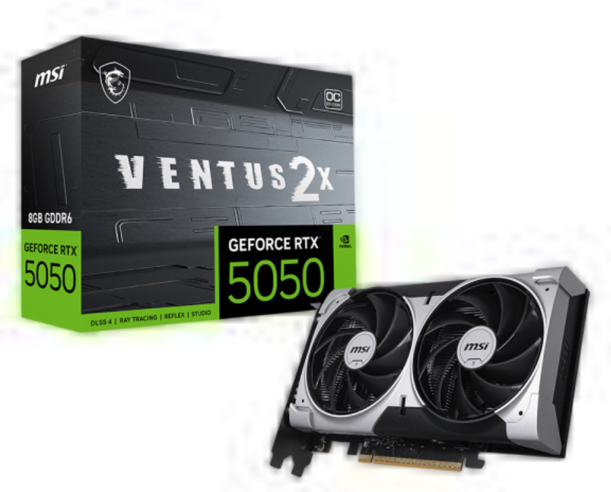 Tarjetas de Video | MSI RTX 5050 8G VENTUS 2X OC — Tarjeta de Video NVIDIA GeForce RTX 5050, 8GB 128-bit GDDR6, PCI Express 5.0, Mín. 550W