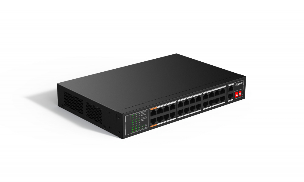 Switches | DAHUA DH-SF1026LP — Switch Fast Ethernet SF1026LP, 26 Puertos (24 PoE) 10/100Mbps + 2 Puertos Uplink, 8.8 Gbit/s
