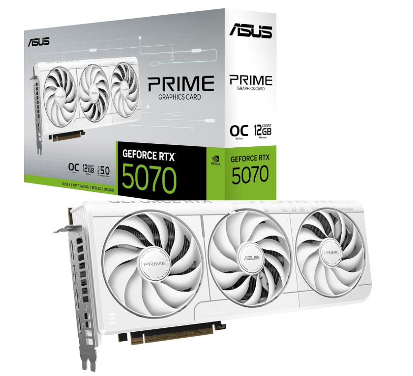 Tarjetas de Video | ASUS PRIME-RTX5070-O12G-WHITE — Tarjeta de Video NVIDIA GeForce RTX 5070 White OC, 12GB 192-bit GDDR7, PCI Express x16 5.0, Mín. 650W