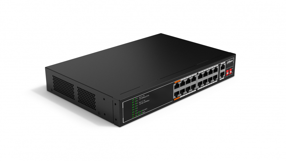 Switches | DAHUA DH-SF1018LP — Switch Fast Ethernet SF1018LP, 18 Puertos (16 PoE) 10/100Mbps + 2 Puertos Uplink, 7.2 Gbit/s