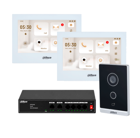 Videoporteros | DAHUA KITVPIPWIFI01DH — Videoportero/Interfon , Altavoz, Alámbrico, Negro/Blanco, Incluye 2 Monitores de 7", Frente de Calle y Switch PoE