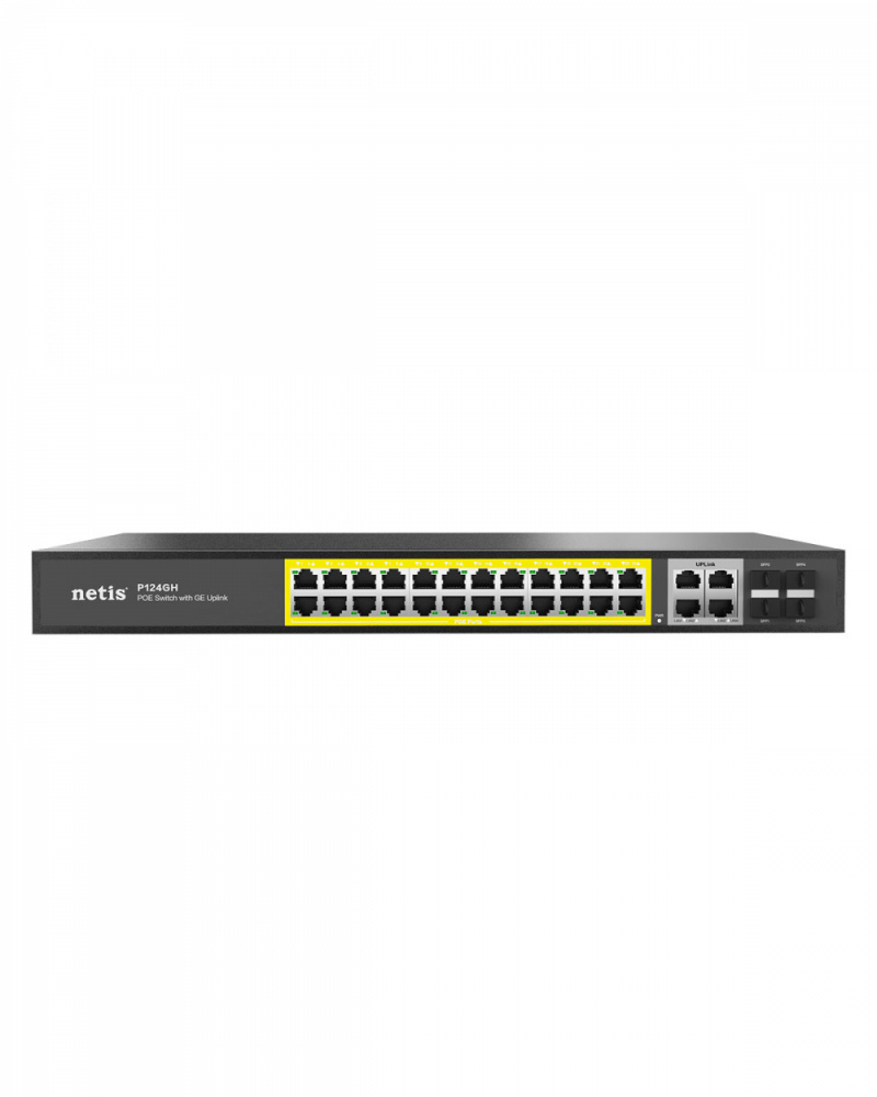Switches | NETIS P124GH — Switch , 28 Puertos Gigabit Ethernet 10/100/1000 24 x PoE 320W, 4 Puertos SFP, 12.8 Gbit/s, 16000 Entradas, No Administrado