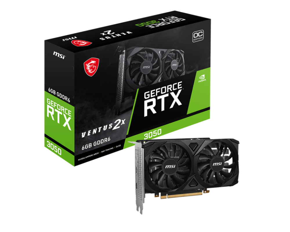 Tarjetas de Video | MSI GEFORCE RTX 3050 VENTUS 2X 6G OC — Tarjeta de Video NVIDIA , 6GB 96-bit GDDR6, PCI Express x8 4.0, Mín. 550W
