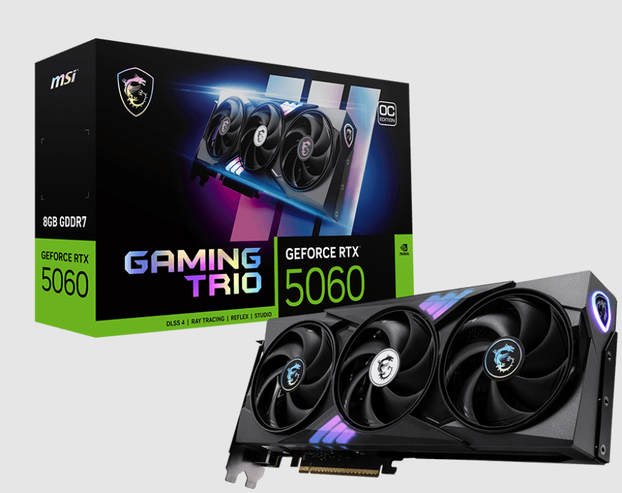 Tarjetas de Video | MSI GEFORCE RTX 5060 8G GAMING TRIO OC — Tarjeta de Video NVIDIA GeForce RTX 5060 GAMING TRIO OC, 8GB 128-bit GDDR7, PCI Express 5.0, Mín. 550W