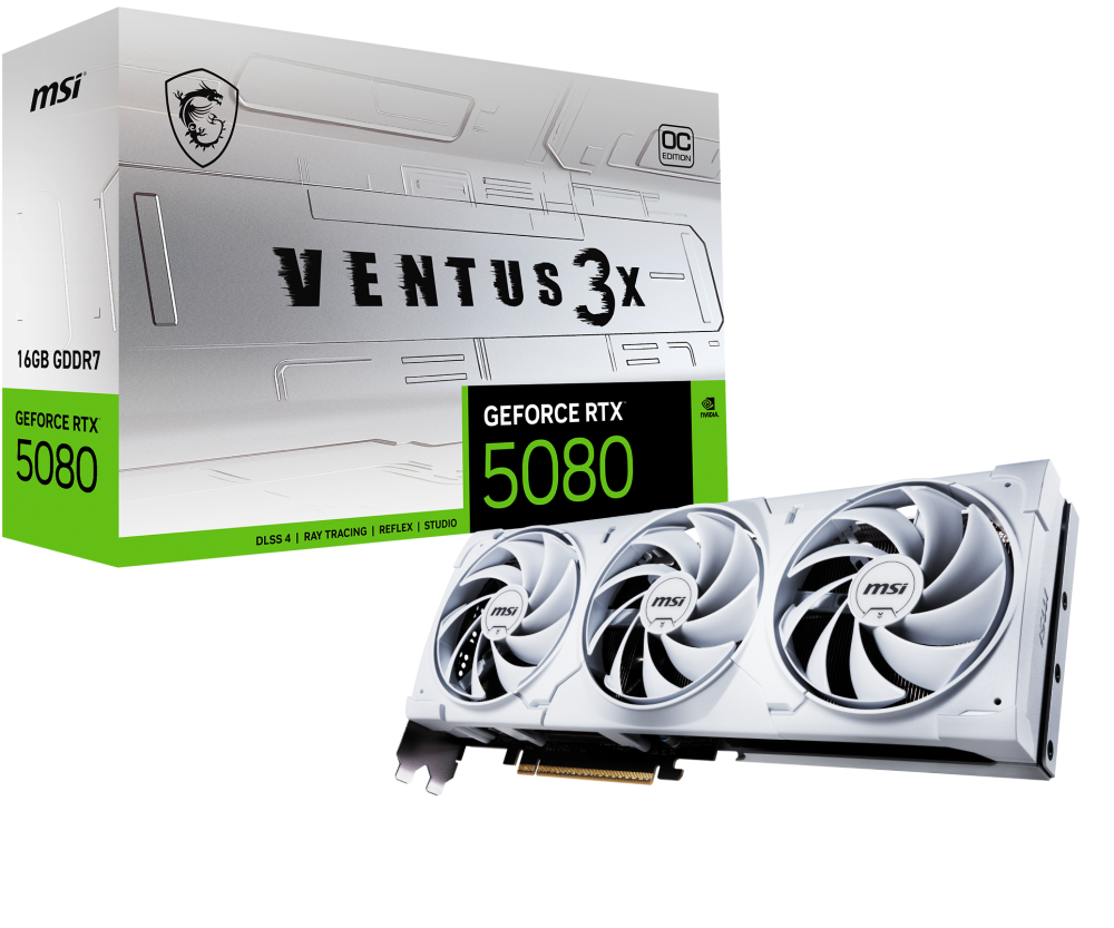 Tarjetas de Video | MSI GEFORCE RTX 5080 16G VENTUS 3X OC WHITE — Tarjeta de Video NVIDIA GeForce RTX 5080 VENTUS White 3xFan, 16GB 256-bit GDDR7, PCI Express x16 5.0, Mín. 850W