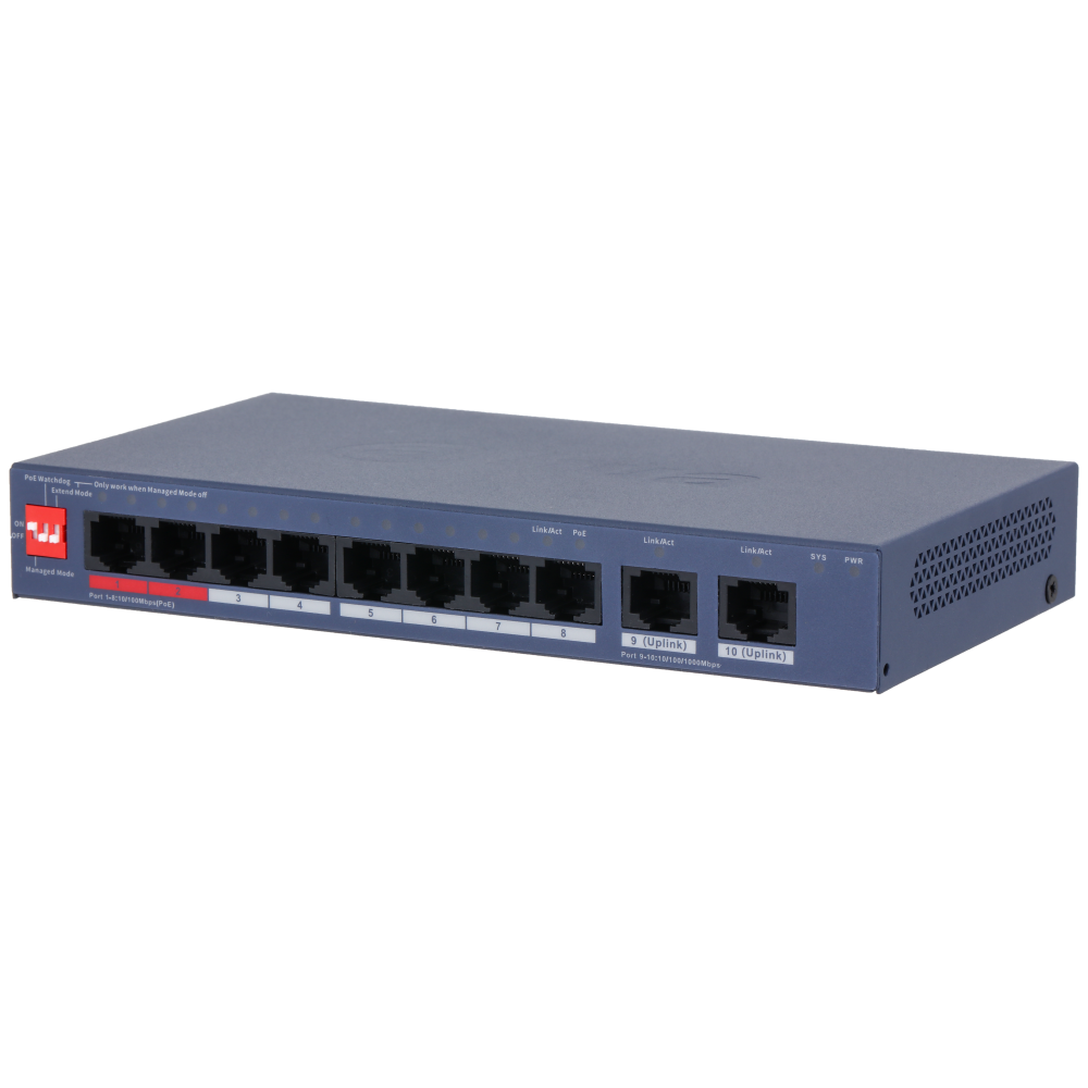 Switches | DAHUA DH-CS4010-8ET2GT-110 — Switch CS4010-8ET2GT-110, 8 Puertos Fast Ethernet 10/100 2 x PoE 110W, 5.6 Gbit/s, 8000 Entradas, Administrado