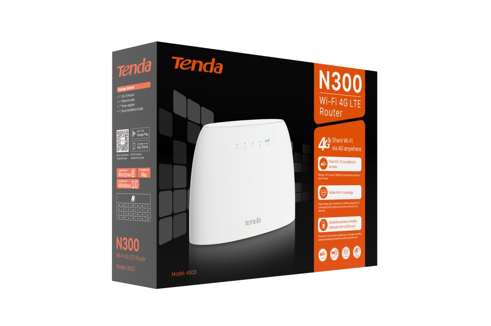 Router | TENDA 4G03 — Router Fast Ethernet Firewall N300, Inalámbrico, 300Mbit/s, 2x RJ-45, 2.4GHz, 4 Antenas Internas