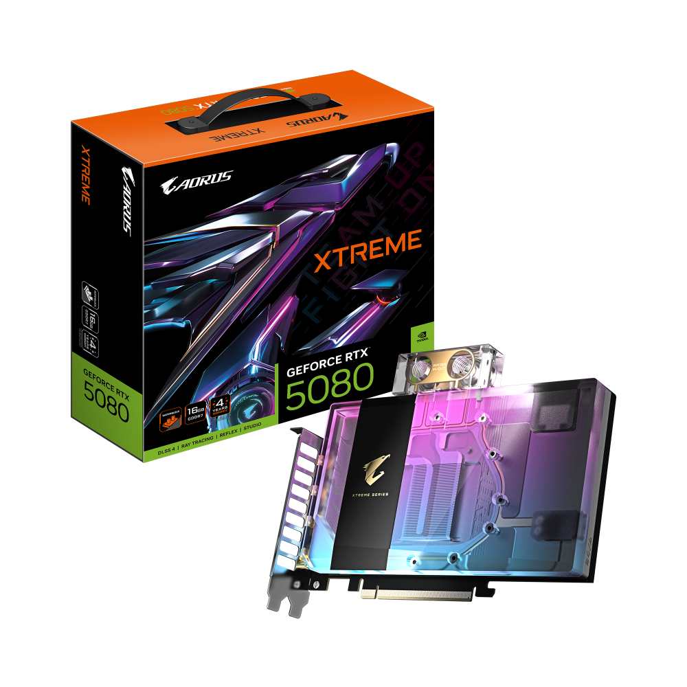 Tarjetas de Video | AORUS GV-N5080AORUSX WB-16GD — Tarjeta de Video NVIDIA GeForce RTX 5080 Xtreme Waterforce WB, 16GB 256-bit GDDR7, PCI Express x16 5.0, Mín. 850W