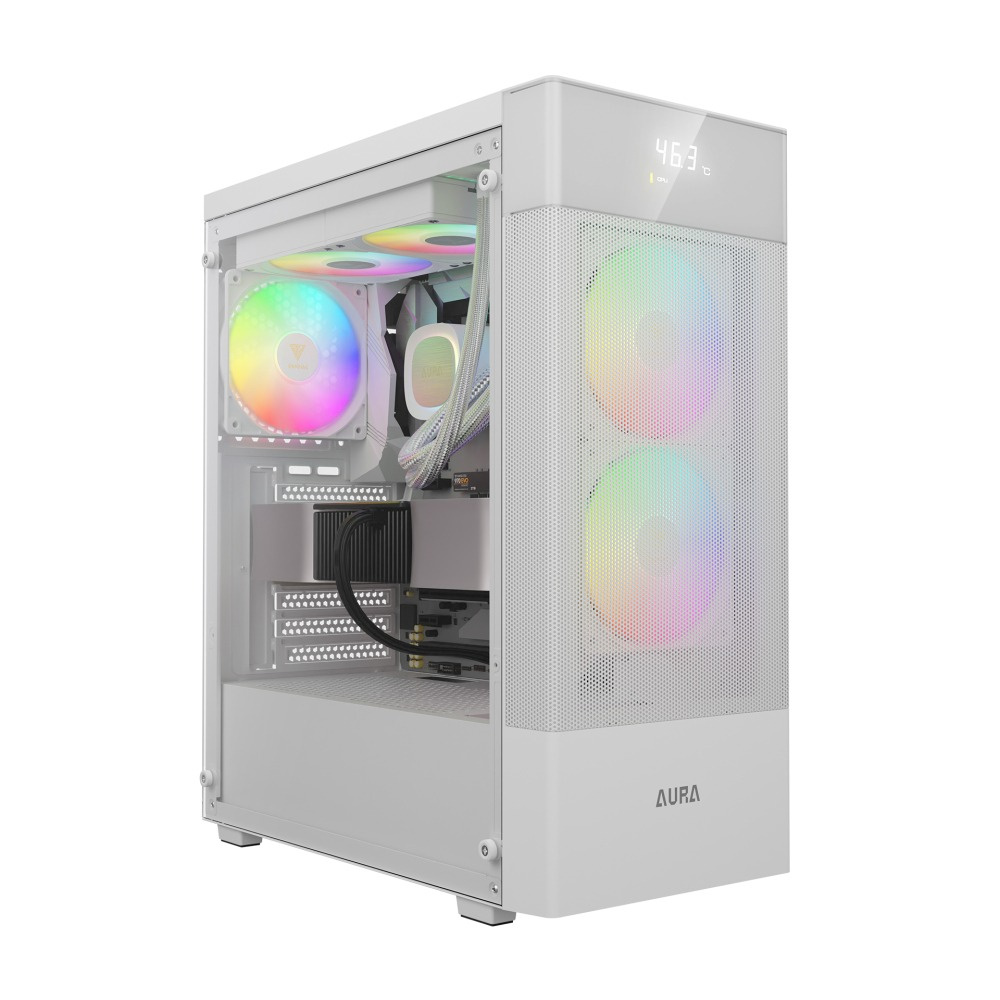 Gabinetes | GAMDIAS AU-GC5 ELITE ARGB WH — Gabinete AURA GC5 ELITE WH ARGB, Midi-Tower, ATX/Micro-ATX/Mini-ITX, USB 2.0/3.0, sin Fuente, 3 Ventiladores Instalados, Blanco