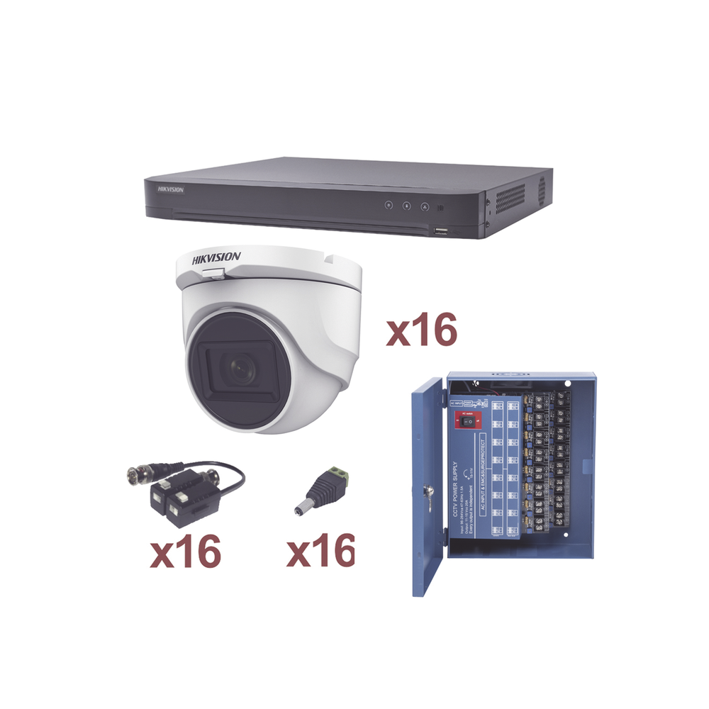 Kits de Vigilancia | HIKVISION KH1080P16DW — Kit de Vigilancia de 16 Cámaras Domo y 16 Canales, con Grabadora DVR, Fuente de Poder, Transceptores y Conectores