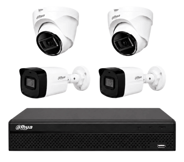 Kits de Vigilancia | DAHUA NVR1104HS-P-S3/H+IPC-B1E20+ IPC-T1E20 — Kit de Vigilancia de 4 Cámaras IP Bullet/Domo con Grabadora de 4 Canales