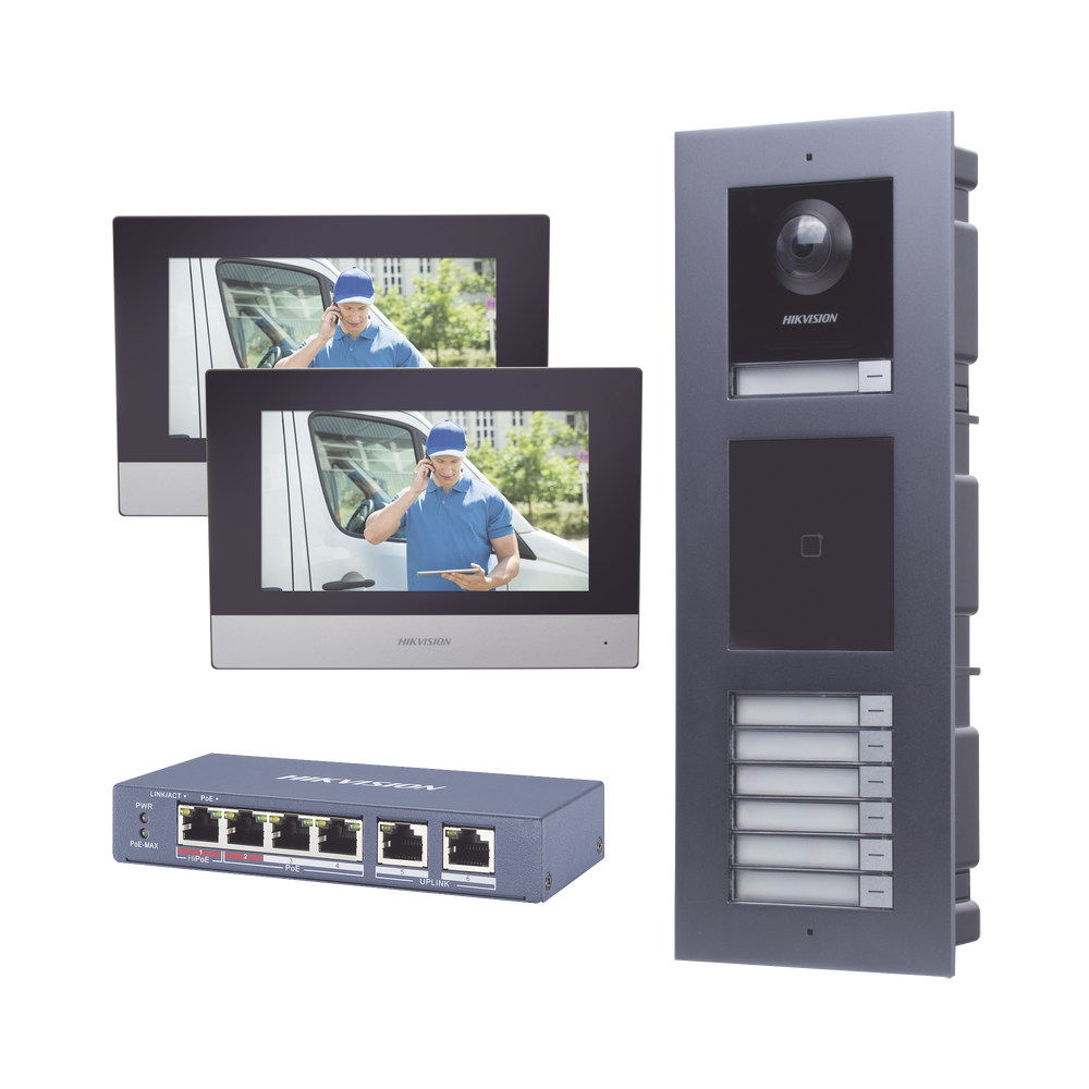 Videoporteros | HIKVISION DSKIS-MULTI-7AP — Videoportero DS-KD8003-IME1, Altavoz, Alámbrico, Negro ― Incluye Lector de Tarjetas, Módulo para Llamada, 2 Monitores y Switch PoE