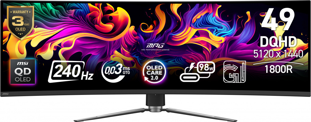 Monitores | MSI MPG 491CQPX QD-OLED — Monitor Gamer Curvo 49", 5120x1440, 240Hz, HDMI/DisplayPort, Negro