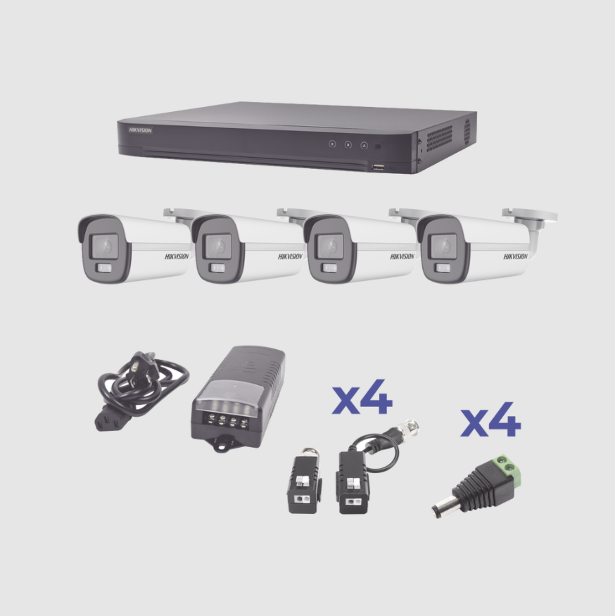 Kits de Vigilancia | HIKVISION KH1080P4BC — Kit de Vigilancia ColorVu de 4 Cámaras CCTV Bullet y 4 Canales, con Grabadora, Fuente de Poder y Transceptores