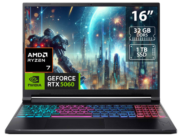 Laptops | ACER NH.QZYAA.001/NEW-ROW — Laptop Gamer Nitro V 16S AI, 16" 1920x1200 WUXGA, AMD Ryzen 7 260, NVIDIA GeForce RTX 5060, 32GB, 1TB SSD, Windows 11 Home, Inglés