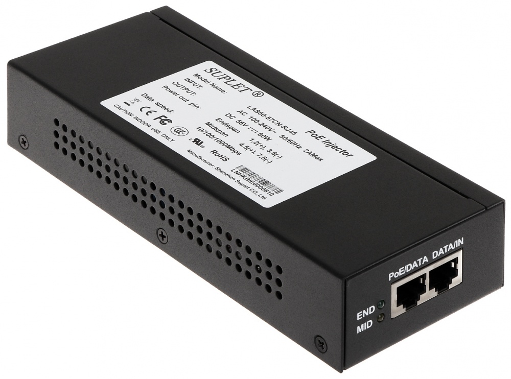Adaptadores PoE | HIKVISION LAS60-57CN-RJ45 — Adaptador e Inyector de PoE, 10,100,1000 Mbit/s, 57V, 2x RJ-45