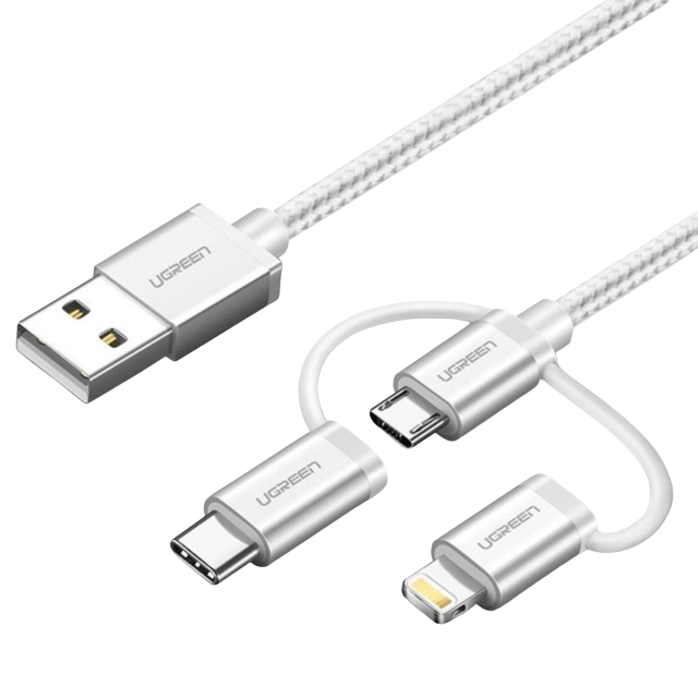 Adaptadores / Cables para Apple | UGREEN 80825 — Cable USB A Macho - Micro USB/Lightning/USB C, 1 Metro, Plata