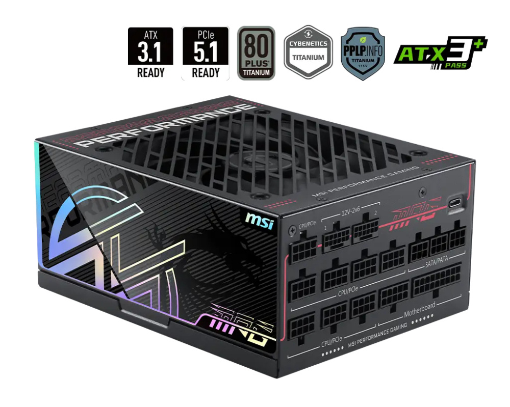 Fuentes de Poder para PC's | MSI MPG Ai1300TS PCIE5 — Fuente de Poder 80 PLUS Titanium ATX, Modular, 24-pin ATX, 12VHPWR, 135mm, 1300W