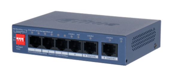 Switches | DAHUA DH-CS4006-4ET2GT-36 — Switch , 6 Puertos Fast Ethernet 10/100 4 x PoE 36W, 1.2 Gbit/s, 2000 Entradas, Administrado