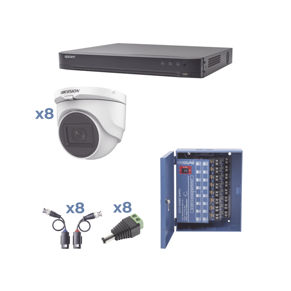 Kits de Vigilancia | HIKVISION KH1080P8DW — Kit de Vigilancia de 8 Cámaras Domo y 8 Canales, con Grabadora DVR, Fuente de Poder, Transceptores y Conectores